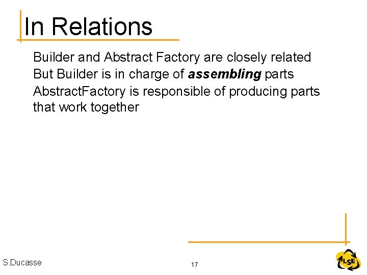 In Relations Builder and Abstract Factory are closely related But Builder is in charge