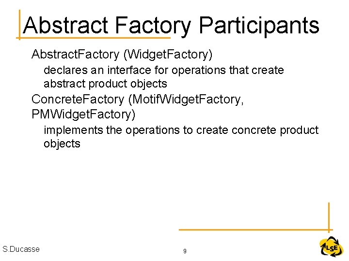 Abstract Factory Participants Abstract. Factory (Widget. Factory) declares an interface for operations that create