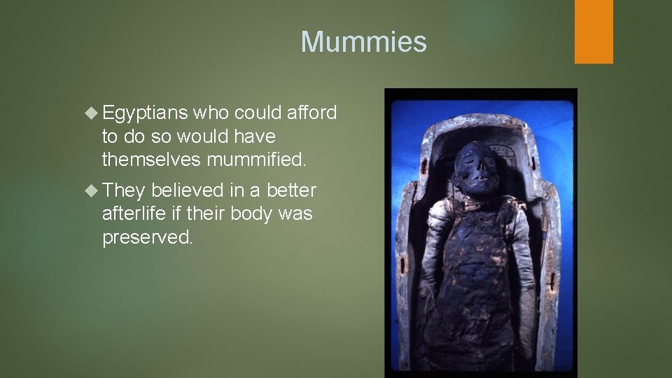 Mummies Egyptians who could afford to do so would have themselves mummified. They believed