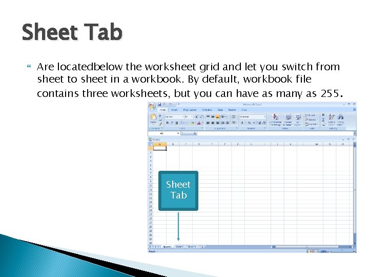 Sheet Tab Are locatedbelow the worksheet grid and let you switch from sheet to