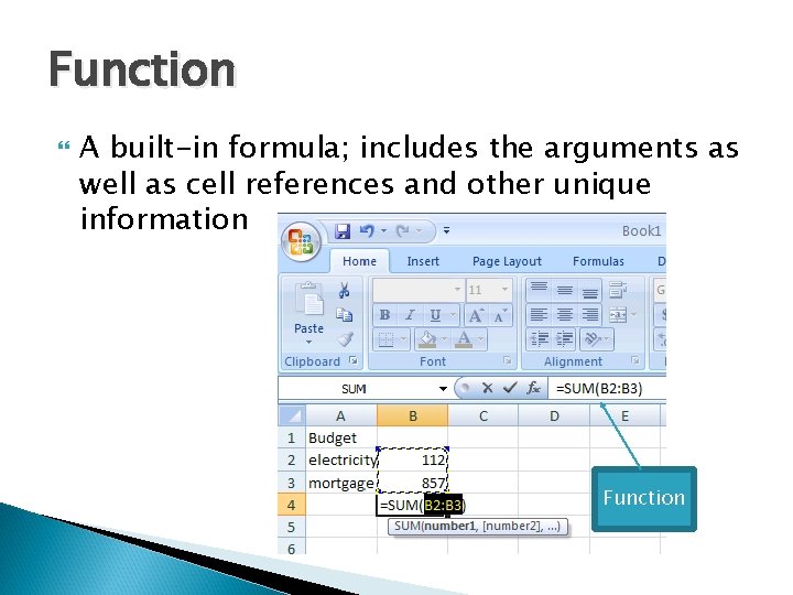 Function A built-in formula; includes the arguments as well as cell references and other