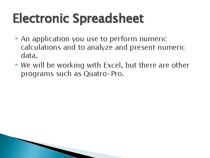 Electronic Spreadsheet An application you use to perform numeric calculations and to analyze and