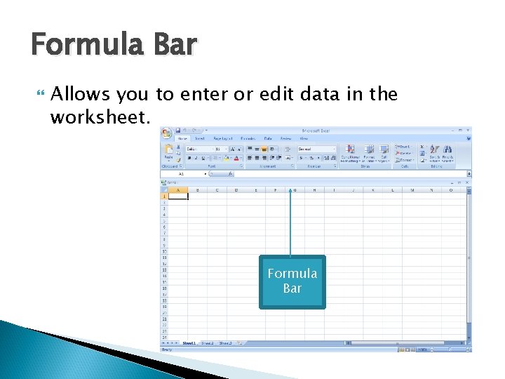 Formula Bar Allows you to enter or edit data in the worksheet. Formula Bar