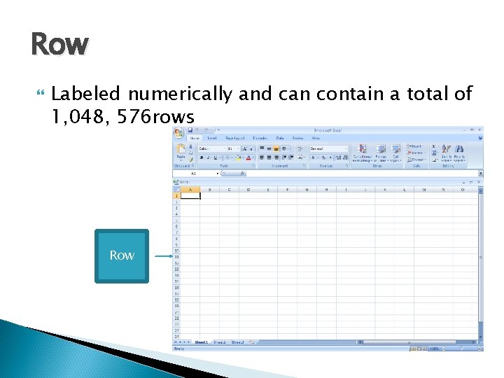 Row Labeled numerically and can contain a total of 1, 048, 576 rows Row