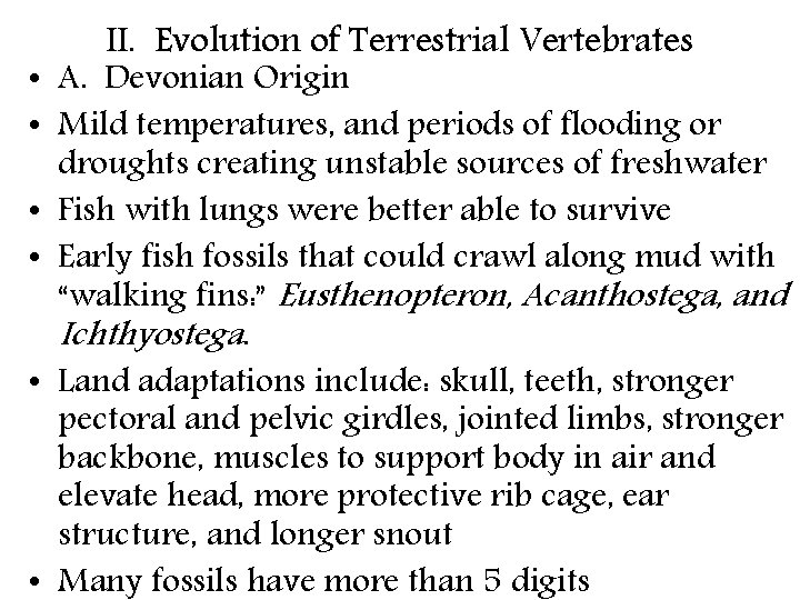 II. Evolution of Terrestrial Vertebrates • A. Devonian Origin • Mild temperatures, and periods