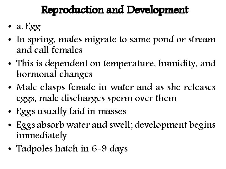 Reproduction and Development • a. Egg • In spring, males migrate to same pond