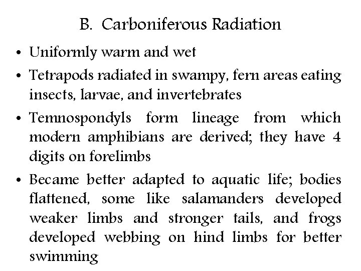 B. Carboniferous Radiation • Uniformly warm and wet • Tetrapods radiated in swampy, fern