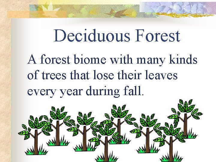 Deciduous Forest A forest biome with many kinds of trees that lose their leaves
