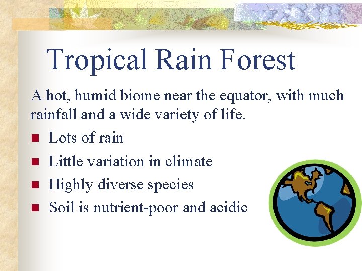Tropical Rain Forest A hot, humid biome near the equator, with much rainfall and