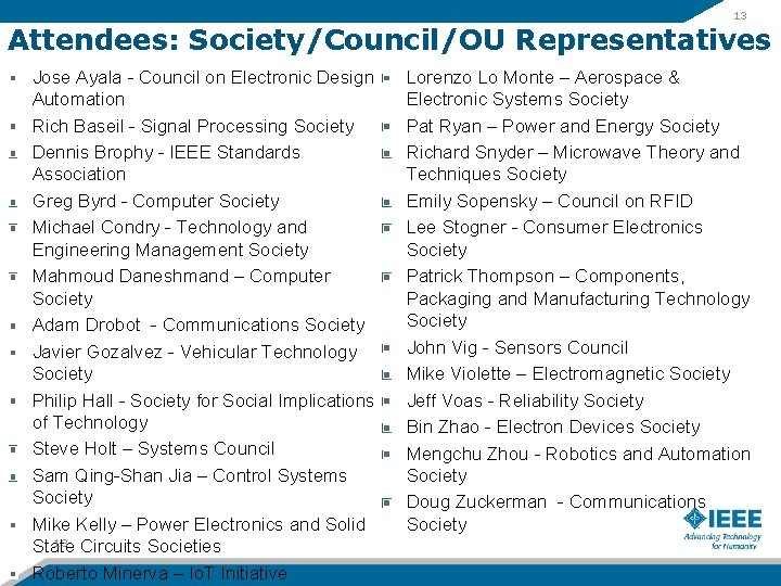 13 Attendees: Society/Council/OU Representatives Jose Ayala - Council on Electronic Design Automation Rich Baseil