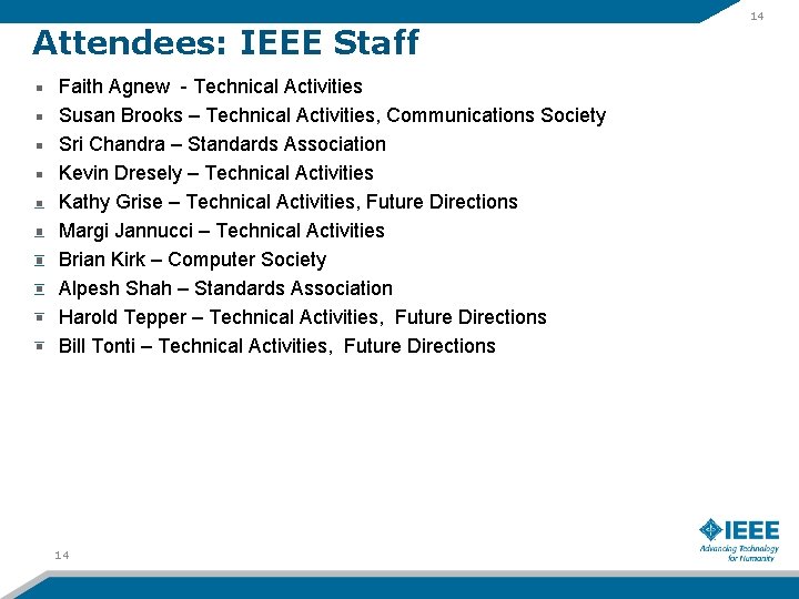 Attendees: IEEE Staff Faith Agnew - Technical Activities Susan Brooks – Technical Activities, Communications