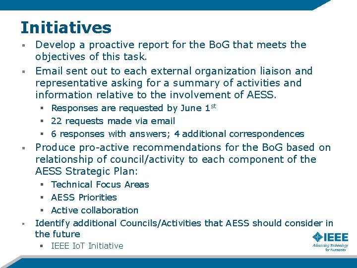 Initiatives Develop a proactive report for the Bo. G that meets the objectives of