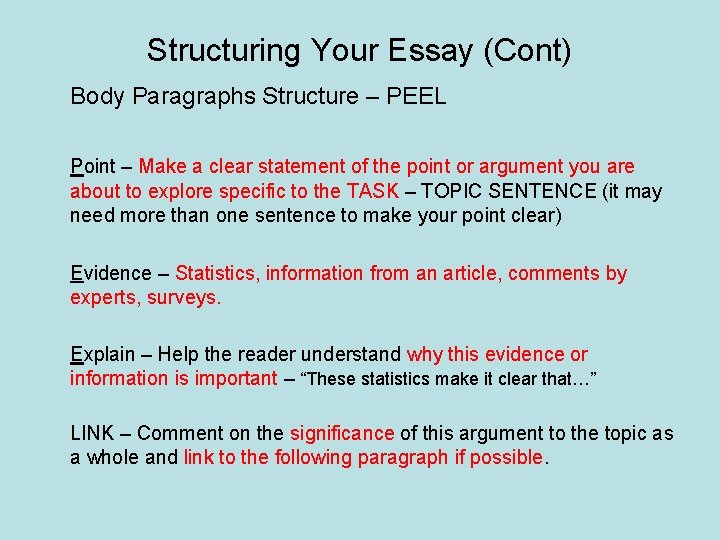 Structuring Your Essay (Cont) Body Paragraphs Structure – PEEL Point – Make a clear
