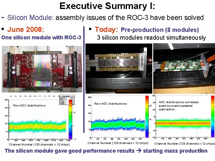 Executive Summary I: - Silicon Module: assembly issues of the ROC-3 have been solved