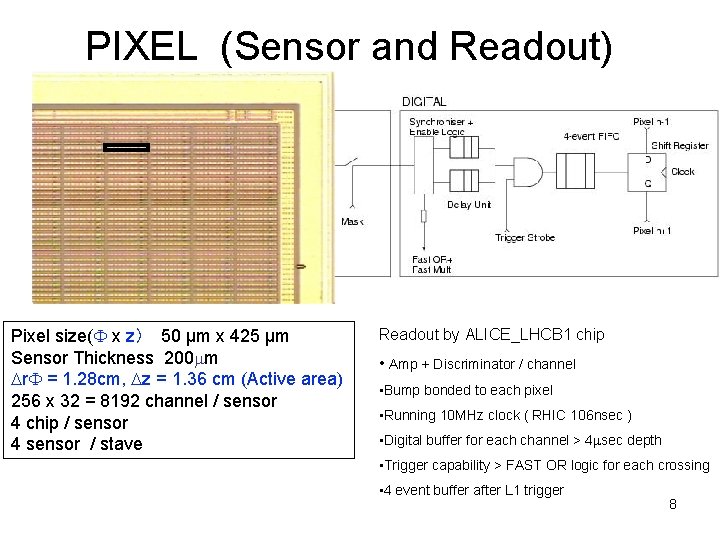 PIXEL (Sensor and Readout) Pixel size( x z） 　50 µm x 425 µm Sensor