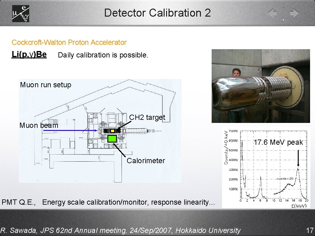 Detector Calibration 2 Cockcroft-Walton Proton Accelerator Li(p, γ)Be Daily calibration is possible. Muon run