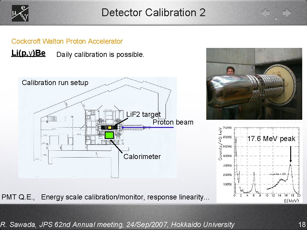 Detector Calibration 2 Cockcroft Walton Proton Accelerator Li(p, γ)Be Daily calibration is possible. Calibration