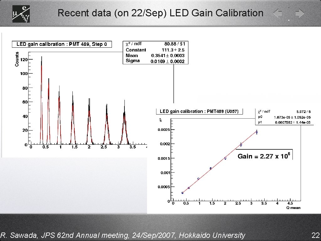 Recent data (on 22/Sep) LED Gain Calibration R. Sawada, JPS 62 nd Annual meeting,