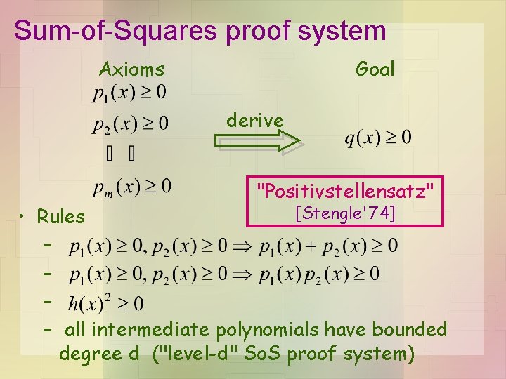 Sum-of-Squares proof system Axioms Goal derive "Positivstellensatz" [Stengle'74] • Rules – – all intermediate