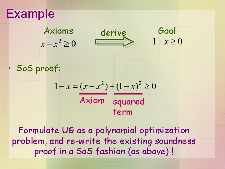 Example Axioms derive Goal • So. S proof: Axiom squared term Formulate UG as