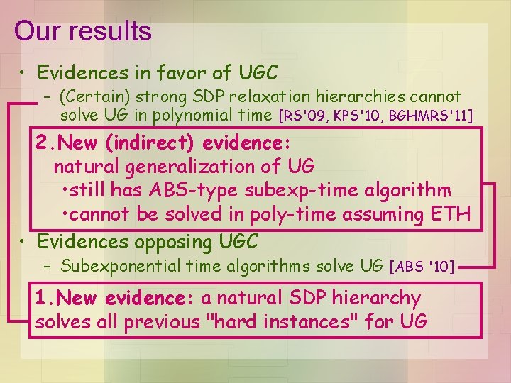 Our results • Evidences in favor of UGC – (Certain) strong SDP relaxation hierarchies