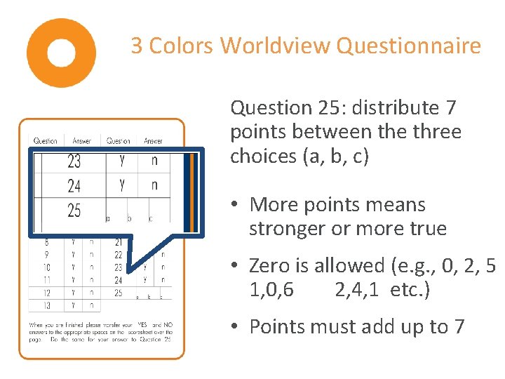 3 Colors Worldview Questionnaire Question 25: distribute 7 points between the three choices (a,