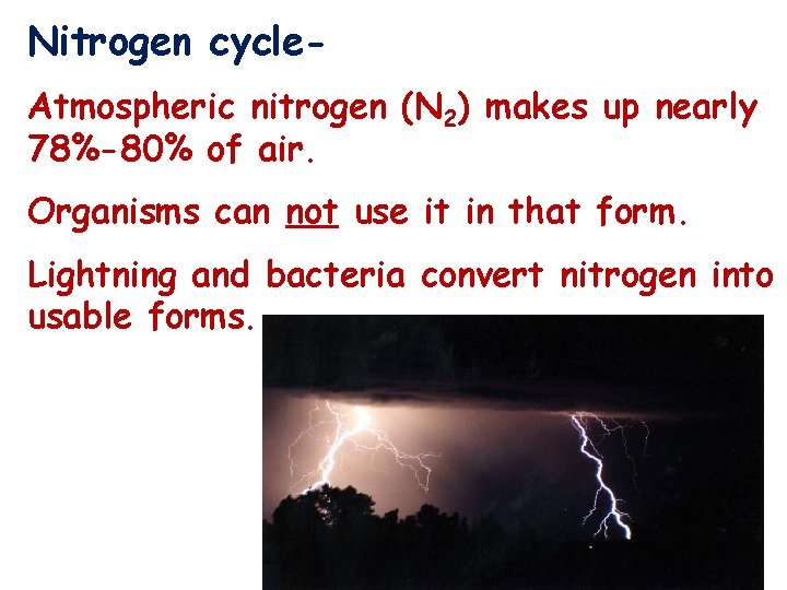 Nitrogen cycle. Atmospheric nitrogen (N 2) makes up nearly 78%-80% of air. Organisms can