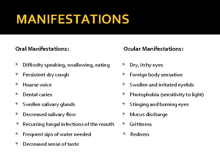 MANIFESTATIONS Oral Manifestations: Ocular Manifestations: * Difficulty speaking, swallowing, eating * Dry, itchy eyes