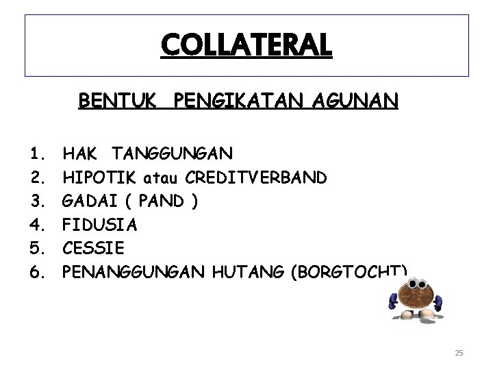 COLLATERAL BENTUK PENGIKATAN AGUNAN 1. 2. 3. 4. 5. 6. HAK TANGGUNGAN HIPOTIK atau