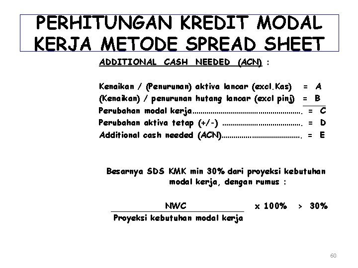 PERHITUNGAN KREDIT MODAL KERJA METODE SPREAD SHEET ADDITIONAL CASH NEEDED (ACN) : Kenaikan /