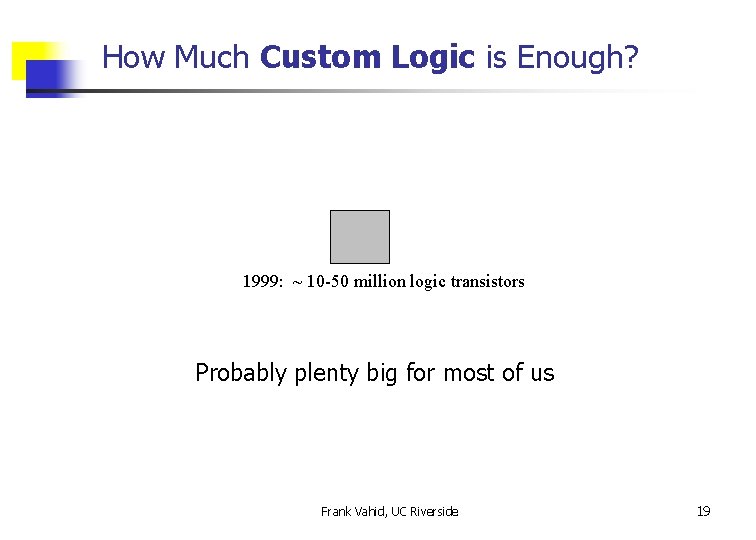 How Much Custom Logic is Enough? 1999: ~ 10 -50 million logic transistors Probably