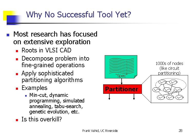 Why No Successful Tool Yet? n Most research has focused on extensive exploration n