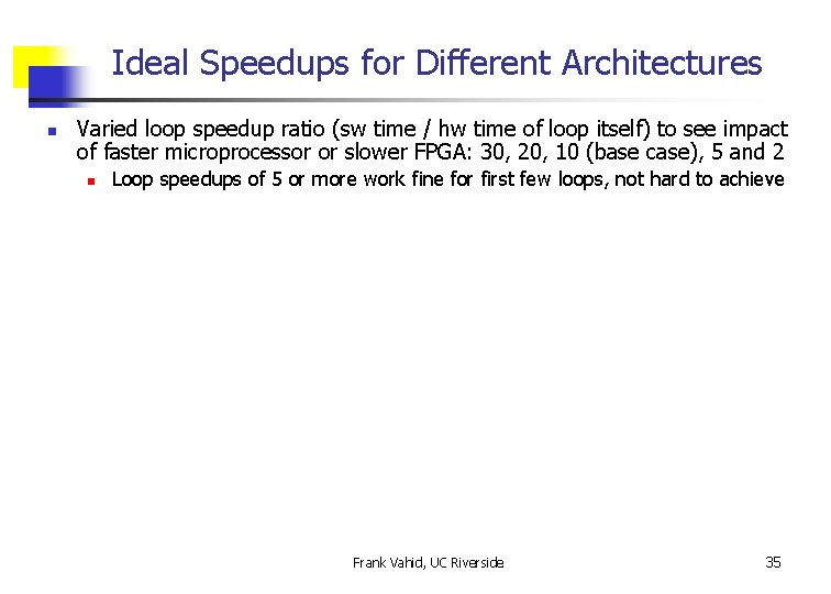 Ideal Speedups for Different Architectures n Varied loop speedup ratio (sw time / hw