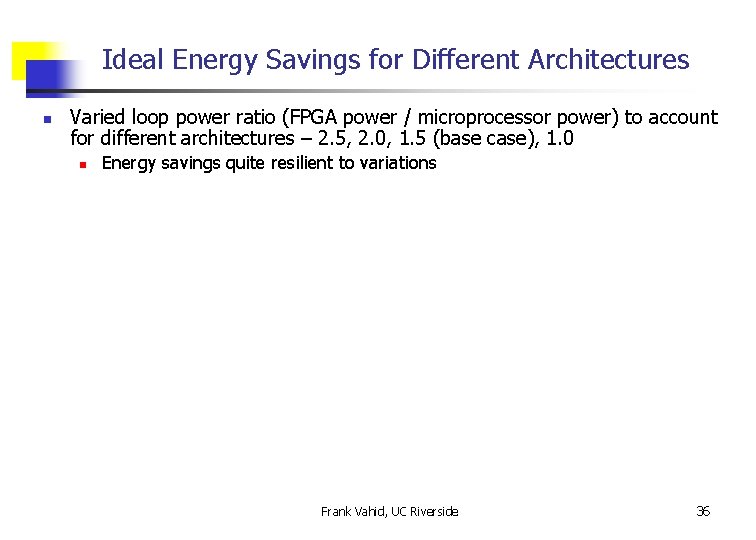 Ideal Energy Savings for Different Architectures n Varied loop power ratio (FPGA power /