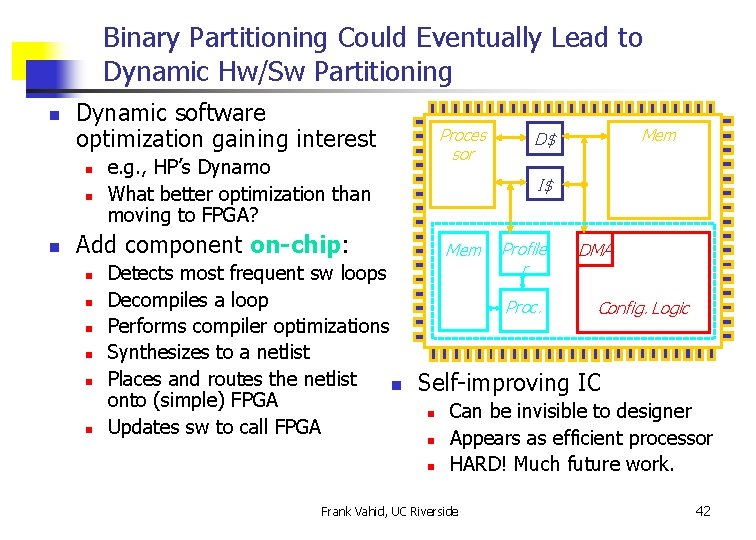 Binary Partitioning Could Eventually Lead to Dynamic Hw/Sw Partitioning n Dynamic software optimization gaining