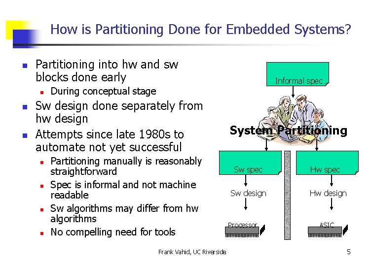 How is Partitioning Done for Embedded Systems? n Partitioning into hw and sw blocks