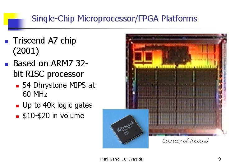 Single-Chip Microprocessor/FPGA Platforms n n Triscend A 7 chip (2001) Based on ARM 7