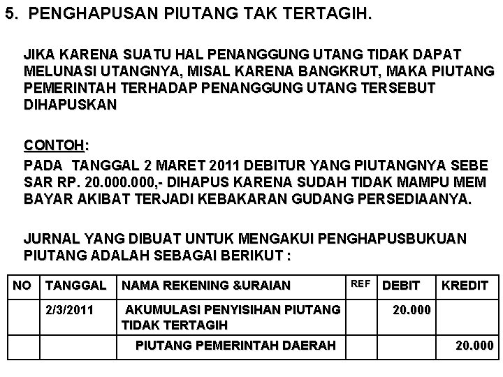 5. PENGHAPUSAN PIUTANG TAK TERTAGIH. JIKA KARENA SUATU HAL PENANGGUNG UTANG TIDAK DAPAT MELUNASI