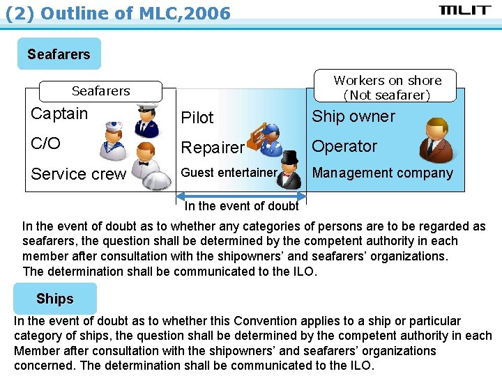 (2) Outline of MLC, 2006 Seafarers Workers on shore (Not seafarer) Seafarers Captain Pilot