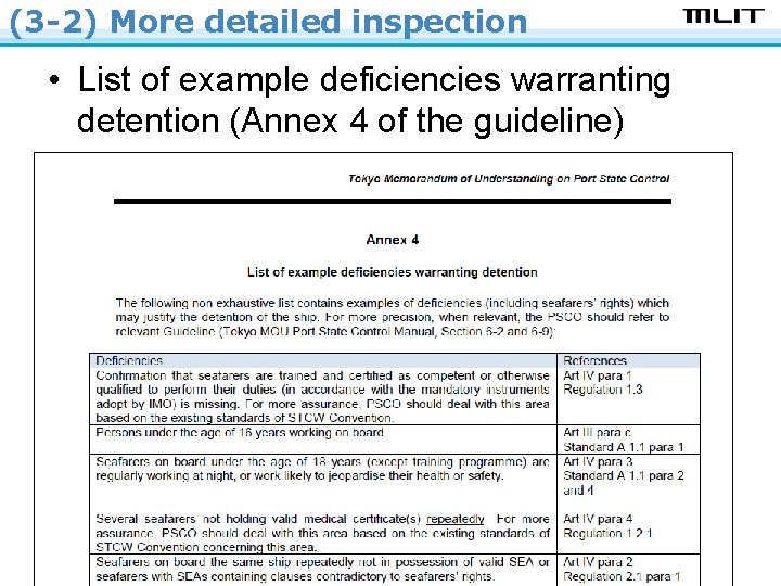 (3 -2) More detailed inspection • List of example deficiencies warranting detention (Annex 4
