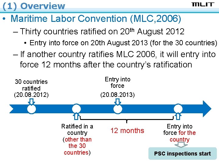 (1) Overview • Maritime Labor Convention (MLC, 2006) – Thirty countries ratified on 20