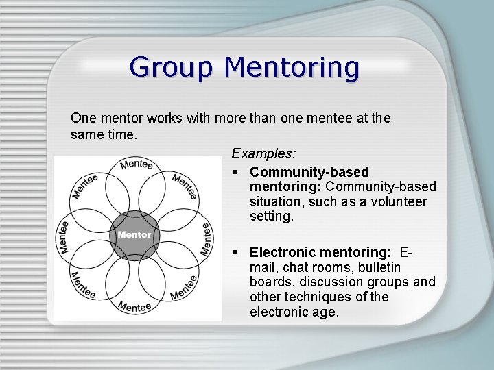 Group Mentoring One mentor works with more than one mentee at the same time.