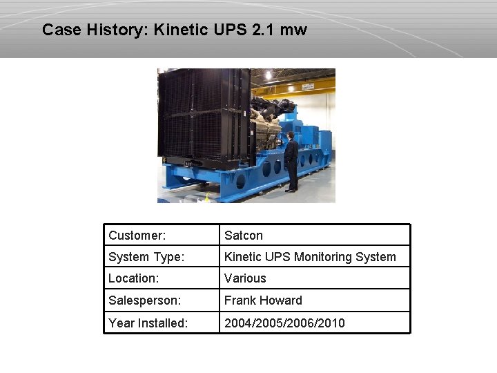 Case History: Kinetic UPS 2. 1 mw Customer: Satcon System Type: Kinetic UPS Monitoring