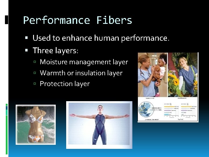 Performance Fibers Used to enhance human performance. Three layers: Moisture management layer Warmth or