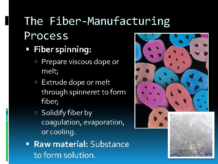 The Fiber-Manufacturing Process Fiber spinning: Prepare viscous dope or melt; Extrude dope or melt
