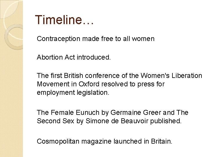 Timeline… Contraception made free to all women Abortion Act introduced. The first British conference