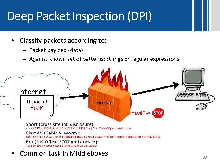 Deep Packet Inspection (DPI) • Classify packets according to: – Packet payload (data) –