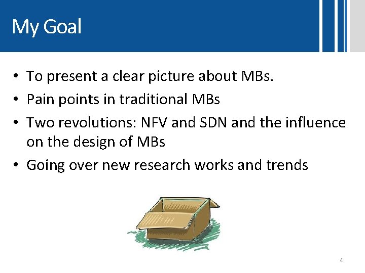 My Goal • To present a clear picture about MBs. • Pain points in
