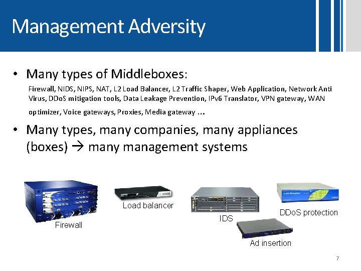 Management Adversity • Many types of Middleboxes: Firewall, NIDS, NIPS, NAT, L 2 Load