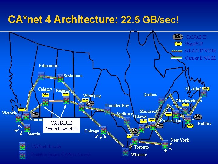 CA*net 4 Architecture: 22. 5 GB/sec! CANARIE Giga. POP ORAN DWDM Carrier DWDM Edmonton